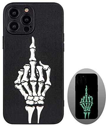 X spirit Skull Phone Case for iPhone 13 Pro, Middle Finger, Cool Skeleton Edgy Goth Gothic Emo Luminous Design, Rock n Roll Style, Glow in The Dark, Leather Finish (iPh 13 Pro-Middle Finger)