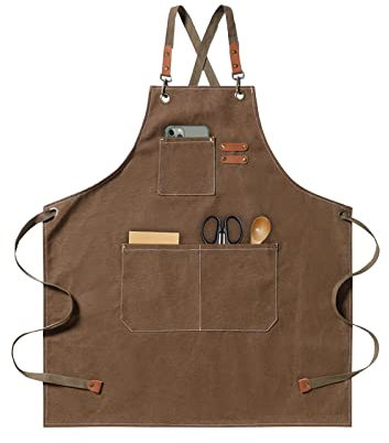 jiuzcare Delantal de Barbacoa 68x76cm con Correa Cruzada Ajustable Delantales de Cocina con 3 Bolsillos Delantale para Mujeres Hombres Masterchef para Jardinería Restaurante Barbacoa Hornear, Marrón