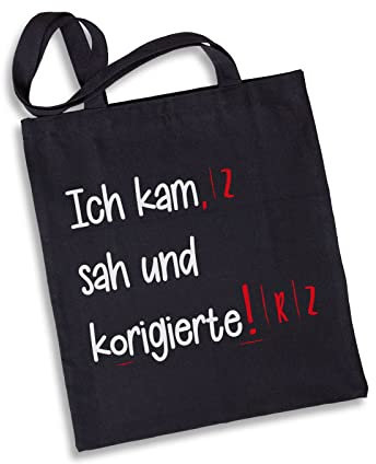Tassenbrennerei Baumwolltasche mit Spruch Ich kam sah und korigierte - Stofftasche lustig - Geschenk für Lehrer, Lehrerin (Schwarz)
