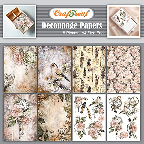 CrafTreat Painted Flowers&Texture Decoupage Papier zum Basteln A4 (8,5 x 11,5) – 8er-Pack Bastelpapier Muster Set, Motivpapier Frühling, Musterpapier, Bastelpapier Vintage, Designpapier Block