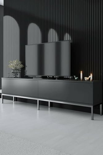Dmora - Fernsehschrank Regulus, Ständer für Wohnzimmerfernseher, Niedriges Wohnzimmer-Sideboard, TV-Ständerbasis, 180x30h47 cm, Anthrazit und Silber