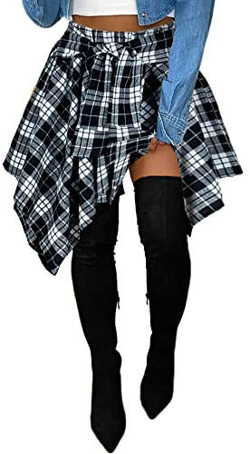 Karierter Damenrock, hohe Taille, mit Knoten vorne, asymmetrischer Saum, Mini-Skaterrock