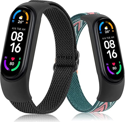 AK Armband Kompatibel Mit Xiaomi Mi Band 6/5/4/3 und Amazfit Band 5 - Nylon Elastisch Sport Uhrenarmband (Schwarz+Grüner Pfeil)