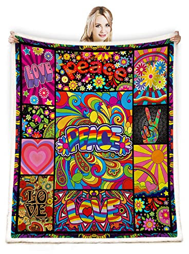 Juirnost Geschenk für Hippie-Stil, Friedensliebe, Blume, Hippie-Überwurf, Decke, 70er-Jahre, Peace-Zeichen, Decke, Retro, Hippie-Steiner, groovige Decke, Hippie-Geschenke für Couch, Bett, Sofa,