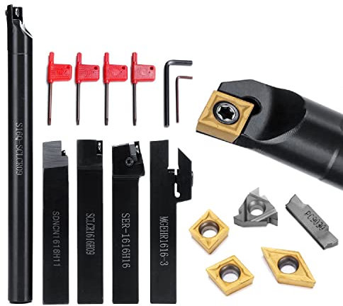 Oniissy 16 Stück 16mm Drehmeißel mit Wendeplatten Bohrstange Drehmeißelhalter Set, 5 x Drehmaschinen-Halterung, 5 x Hartmetall-Einsätze, 6 x Schraubenschlüssel