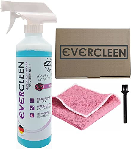 EVERCLEEN Made in Germany professioneller Schmuck & Piercing Reiniger 500ml + Mikrofasertuch + Bürste. Reinigung & Pflege für Ohrringe Armbänder Ketten Ringe Uhren Piercing