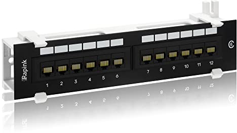 Rapink Panneau de brassage 12 ports Cat6 10G, panneau de brassage réseau UTP 25,4 cm, support mural 1U Ethernet, panneau de brassage pour câblage Cat6, Cat5e, Cat5