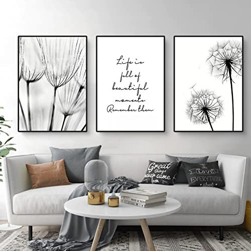EXQUILEG 3er Poster Set Löwenzahn Bilder Set Modern Schwarz Weiß Leinwandbilder Wandbilder für Wohnzimmer Deko Ohne Rahmen (30x40cm)