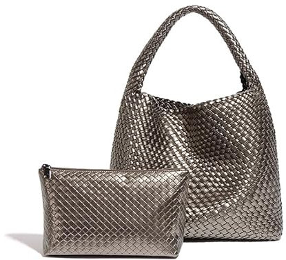 Gewebte Tasche, veganes Leder, Hobo-Handtaschen für Damen, Tragegriff oben, geflochtene Tasche, Unterarm-Geldbörse, Silbergrau-a