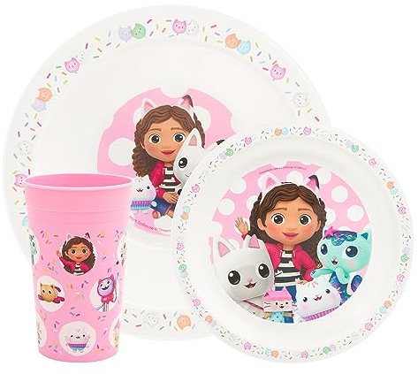 Gabby's Dollhouse Kids Tableware Set – 3 Piece Reusable PP Plate, Bowl & Cup for Children - Tumbler & Dinnerware Set for Mealtimes – for 24 Months & Up, Pink