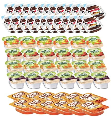 60 Barquettes LE BERGER DES FRUITS/NUT/LUNE DE MIEL | Assortiment de 12 Miel + 24 Pâte à tartiner + 24 confitures assorties : Pêche, Fraise, Prune, Abricot en Portions Individuelles