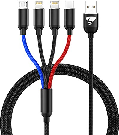 Multi Charger Cable, 4 in 1 Nylon Braided [1.2M] USB Cable with Lightning, Micro USB, C for iPhone 13/12/14/11/XS, Samsung S20/S10/S9/S8, Huawei, Nexus, Nokia, PS4