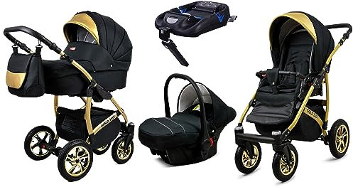 BabyLux® Kinderwagen Set 4 in 1 - Gold Lux - incl. Babywanne, Buggy Sportsitz, Auto-Babyschale, ISOFIX-Basisstation - Autositz - Kinderwagenset - Kombikinderwagen mit Wickeltasche usw.