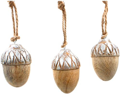 Dekohelden24 Dekohänger - Baumanhänger - Baumbehang - Dekofigur als Eichel aus Mangoholz Natur mit Kordel, Silber, im 3er Set L/B/H je Anhänger 5 x 5 x 6 cm