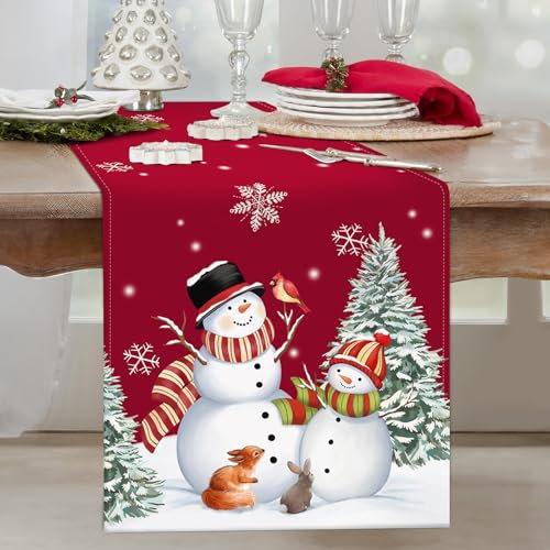 Bonhause Tischläufer Schneemann Weihnachten Rot Tischläufer Kiefern Schneeflocke Winter Küche Esstisch Dekoration für Drinnen Draußen Urlaub Party Waschbar Wohnkultur Tafeltuch (33 x 183 cm)