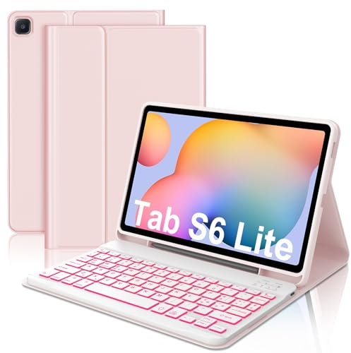 WAVATA Tastiera per Samsung Galaxy Tab S6 Lite 10.4 2024/2022/2020 con Retroilluminata, Custodia Tastiera per Samsung Tab S6 Lite Magnetica Bluetooth Staccabile Cover QWERTY Layout, Oro Rosa