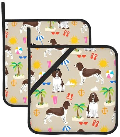 Potholder,Insulated Pot Holder Thick Heat Resistant For Bbq Cooking Baking 2 Pcs,Springer Spaniel Beach Summer Tropical Vacation