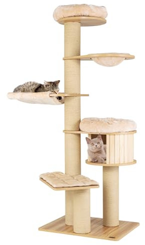 GYMAX Modern Cat Tree, 193cm Tall Cat Tower with Top Perch, Wooden Cat Condo, Scratching Posts, Hammocks & Hanging Basket, Multi-level Cat Play Center for Play & Rest