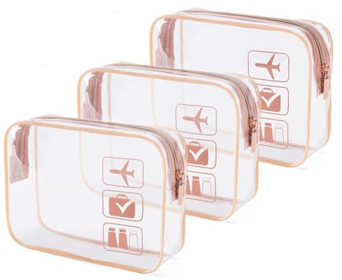 MODENGKONGJIAN TSA Approved Toiletry Bag, 3 Pcs Clear Toiletries Bags Quart Size Travel Makeup Cosmetic Bag for Women Men, Carry on Airport Airline Compliant Bag (Rose Gold)