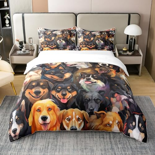 Hunde 100% Bio-Baumwolle Bettbezug für Kinder Jungen Mädchen,Nette Welpe Tröster Bezug 135x200,Schöne Haustier Bettwäsche Set,Hunde Ölgemälde Bettbezug mit 1 Kissenbezug