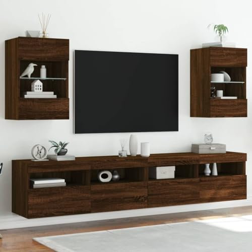 Homgoday TV-Wandschränke mit LED-Leuchten 2 STK. Schrankwand Fernsehschrank mit viel Stauraum, Anbauwand Wandmontage TV Möbel für Wohnzimmer Schlafzimmer Braun Eichen-Optik(Ohne Unterschrank)