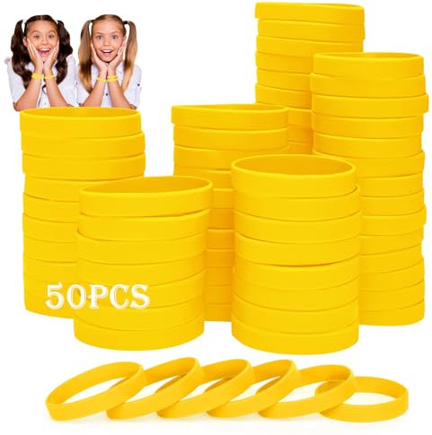 HONTIUS 7'' Braccialetti In Gomma, 50 Pezzi Braccialetti In Silicone, Giallo Vuoto Elastici di Gomma per Uomo Donna Scuola Insegnante Squadra Festa 8~12 di età