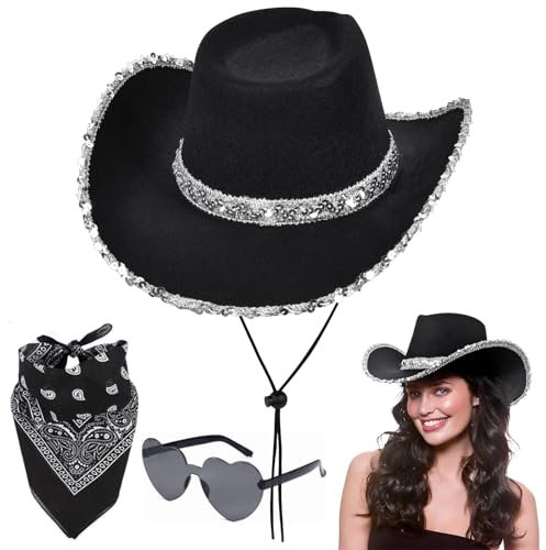 Aomig CowboyHut Fashion CowgrilHut Rockstar Randlose Hippie Herzförmige Brille Halstuch Wilder Westen Party Brillen Theaterstück Fasching Karneval Kostüm Mottoparty JGA Urlaub Herren Damen (A-Schwarz)