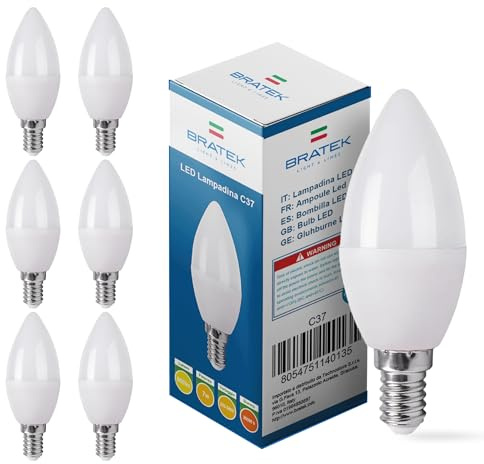 Bratek LED-Lampen E14 7W 600lm, Warmweiß 3000K, Kerzen-Olivenform, hohe Helligkeit, energiesparend, Lebensdauer 25.000 Stunden – Packung mit 6 Stück