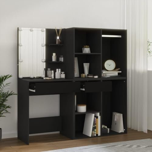 prissent Table de toilette avec LED et armoire 60 x 40 x 140 cm de toilette moderne pour chambre à coucher, console de maquillage, armoire en bois multicouche, acrylique noir