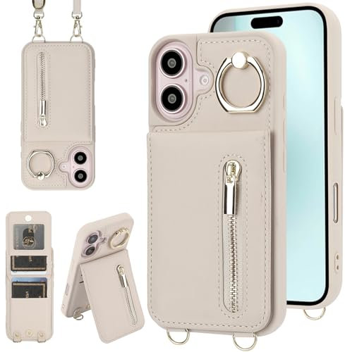 Jcxtrombulous Crossbody Wallet Case for iPhone 16 Plus with Lanyard Strap Card Slot Holder [RFID Blocking] 360° Kickstand,Magnetic Flip Folio Zipper Purse Case, PU Leather Cover Handbag,Beige