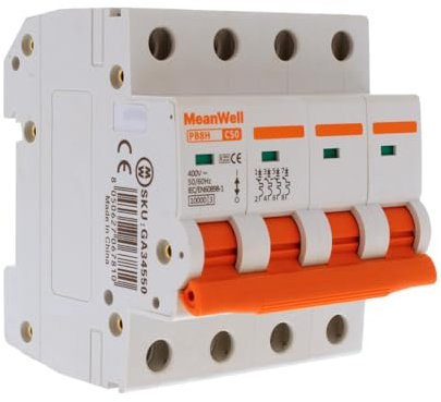 MeanWell Interruttore Magnetotermico Trifase 380V, Curva C 10000A, MCB 4P C50 50A, 4 Poli Occupa 4 Moduli Barra DIN