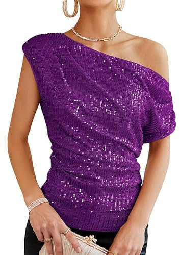 Segreto Top da donna con paillettes glitterate, con una spalla, asimmetrica, slim fit, per feste, viola., XL