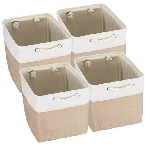 Trintion Foldable Storage Box Shelf Baskets with Handles Fabric Storage Baskets for Shelves Wardrobes and Closets Durable and Lightweight Home Organizer (Khaki 33x33x38cm, 4)