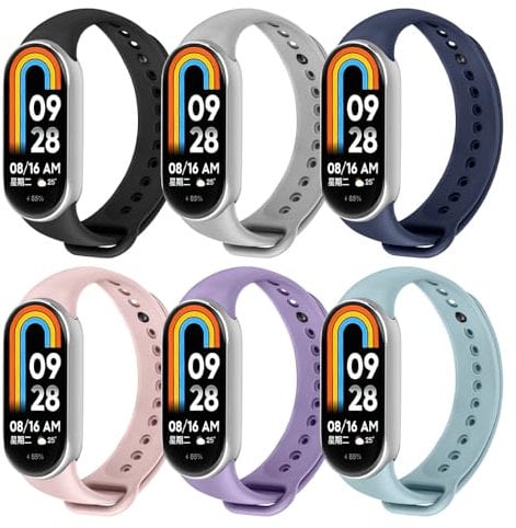 AXFEE 6Pcs Silicone Strap Compatible with Xiaomi Mi Band 8, Silicone Sport Band Straps for Xiaomi Smart Band 8, Adjustable Replacement Wristband for Women Men (Set B)