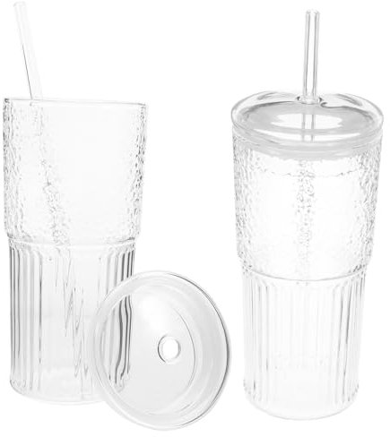 Cabilock 2piezas Vasos De Vidrio Transparente Con Tapa y Pajita Para Agua Té y Jugos Prácticos y Duraderos