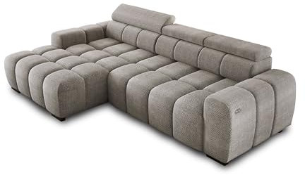 DomiMeble Ecksofa OMBO 285x168x77/97 cm, Linke Seite Mit Schlaffunktion, Elektrisch Ausziehbarer Sitzfläche, Verstellbaren Kopfstützen, Dunklen Buchenholzfüßen, Hydrophobem Eden-Bezugstoff - Grau