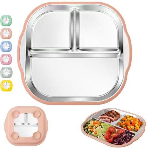 CWENDANER Piatto con Ventosa per Bambini, Piatto Svezzamento, Piatto in Acciaio Inox per bambini, Piatti Bambini Pappa Svezzamento Piatto, Piatto Antiscivolo, Senza BPA(Rosso caldo)
