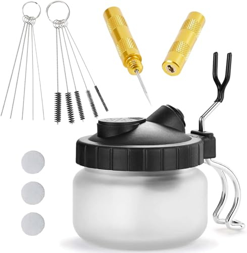 Langlengtec Airbrush Wash Pot Cleaning Kit, Stainless Steel Jar with 5 Nozzles, 5 Cleaning Brushes, Needle Wrench Heavy Duty Maintenance Tools for Model Making & Crafts