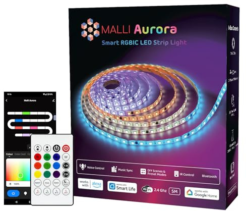 Samraj Technologies Malli Aurora Smart RGBIC LED Strip Light, 5m, Wi-Fi and Bluetooth, Works with Alexa and Google Assistant, App Control, Music Sync, Multicolour, IR Remote (5M)