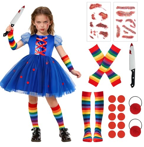 VICTERR Chucky Kostüm Kinder, Horror Puppen Kostüm für Mädchen, 7PCS Killer Puppe Kostüm, Temporäre Tattoos, Karneval Mottoparty Cosplay Partys, Halloween