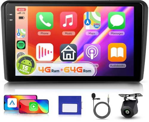 【4+64G】 Hodozzy Carplay Radio Coche para Audi A3 S3 RS3 8P 8V 2008-2012 con GPS/WiFi, Pantalla In-Cell de 9 Pulgadas con Bluetooth 5.0/Android Auto/DSP/Mirror Link/RDS/FM/USB