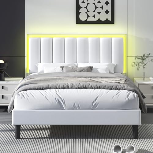 HOMBCK Double Bed Frame with LED Lights Headboard, White, 135x190 | Upholstered Bed Frame, Easy Assembly, No Box Spring Needed