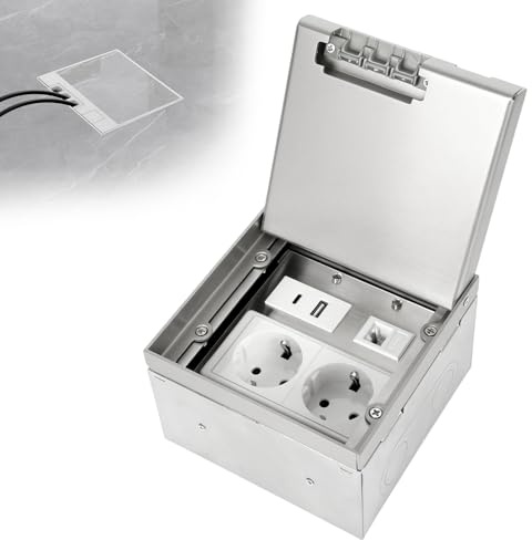 Tomacorriente de suelo invisible empotrada, Enchufe empotrado de acero inoxidable, 2AC+1USBA+1USBC+1CAT6, Caja de enchufes de suelo multifuncional con tapa para oficina, impermeable al agua y al polvo