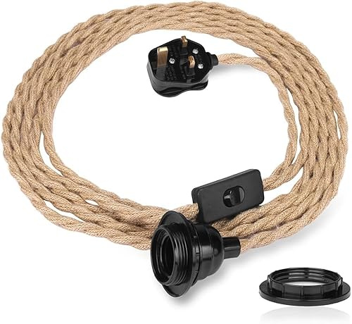 Teynewer 4.5m Rustic Hemp Rope Pendant Light Fitting- E27 Lamp Holder Ceiling Hanging with On/Off Switch & UK Plug, Adjustable Suspension Cord Kit