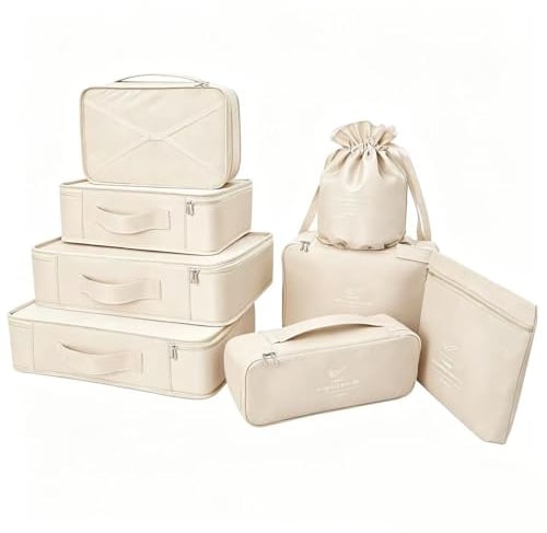 Koffer Organizer Reise Kleidertaschen 8 Sets/7 Farben Travel Gep?ck Organisatoren enthalten wasserdichte Schuh-Aufbewahrungsbeutel bequeme Kompressions Beutel f?¡ì1r Reisende (beige)