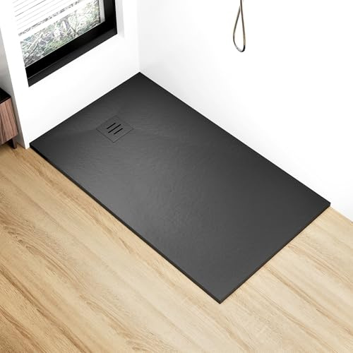 Aquara 1000x700mm Black Shower Tray, Anti-Slip, SMC Composite | Non-Skid Wet Room Base,300kg Load Capacity,Fast Drainage with Waste Outlet