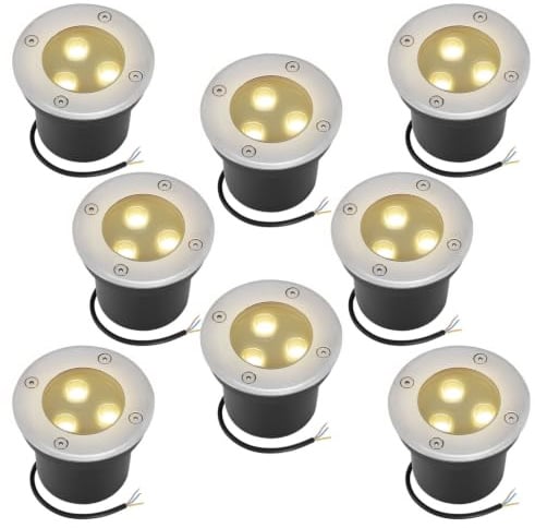 Monucep Bodeneinbaustrahler Außen 8 Stück, Bodenstrahler mit 3 LEDs | Runde Bodenleuchten aus Edelstahl & Hartglas, Warmweiß, IP65, wasserdicht für Gartenbeleuchtung und Gehwegbeleuchtung