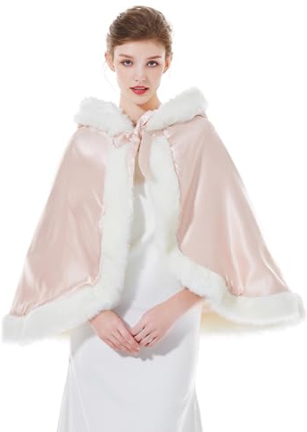 BEAUTELICATE Umhang Damen Mit Kapuze Cape Hochzeit Braut Winter Poncho Mit Pelzbesatz in Voller Mehrere Farben Kostenlos Handschuhe