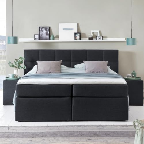 Furniture for Friends 3F Boxspringbett Bea 180x200 cm Schwarz Härtegrad H3 | 7-Zonen Taschenfederkern Matratze + Visco Topper | mit niedrigem 90 cm Kopfteil ideal für Dachschrägen
