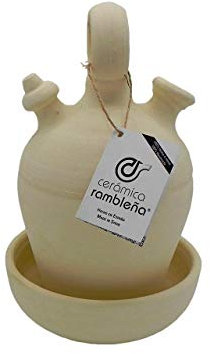 CERÁMICA RAMBLEÑA | Botijo traditionnel en terre cuite avec manche rond et base fine de La Rambla (Cordoba) | 100% fait à la main | 2.75 litres | ECO | Assiette incluse